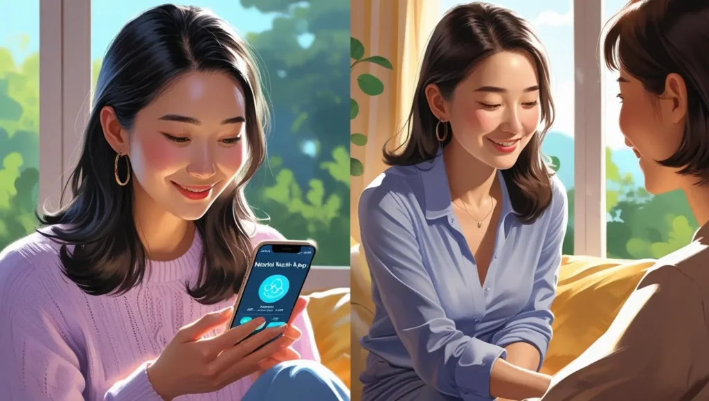 Balanced technology use - person using helpful mental health app vs. putting phone away for real-world connection]
