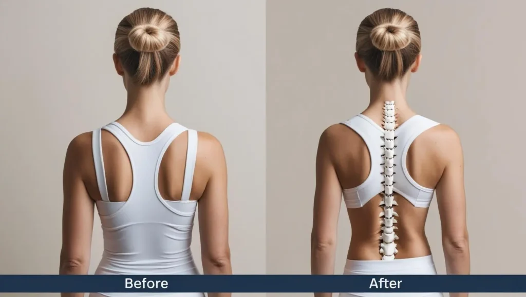Before/after posture comparison photos - Alt text: "Patient posture improvement before and after DDD treatment 