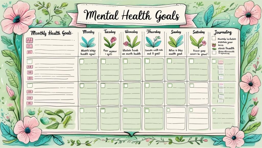 Calendar or planner showing mental health goals and tracking]