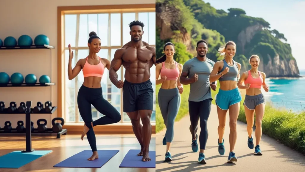 Collection of people doing different types of exercises - running, yoga, weightlifting, walking]