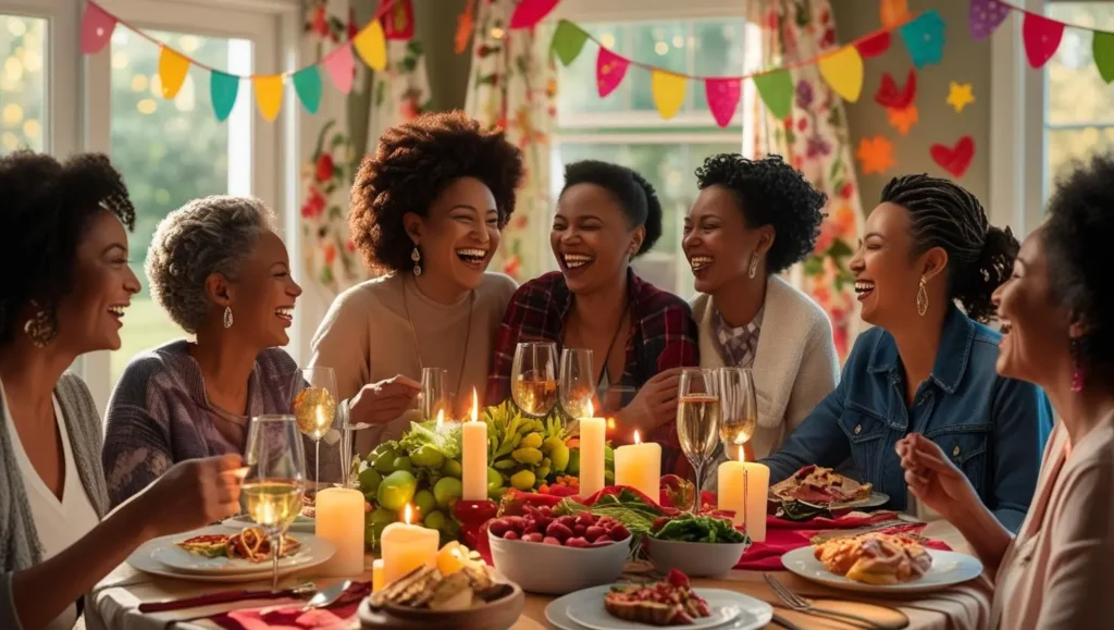 Diverse group of people connecting in various settings - family dinner, friends laughing, community gathering