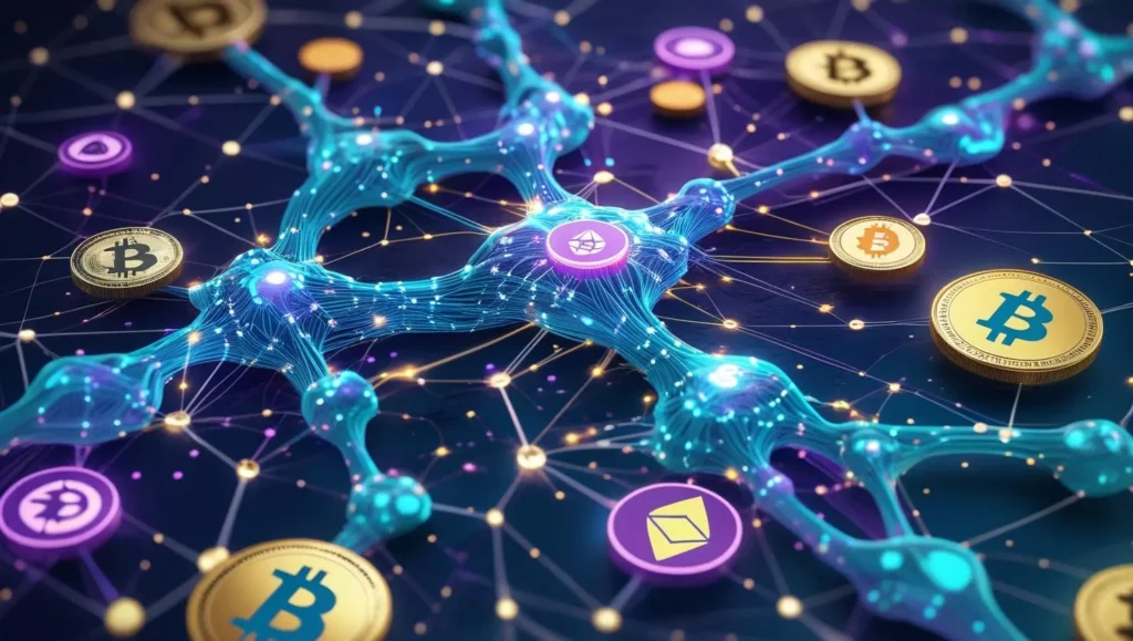 Hero banner showing AI neural networks merging with cryptocurrency symbols]