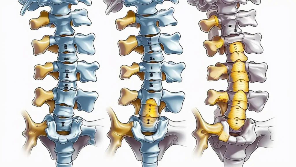 Medical illustration of spine showing degenerative disc disease progression