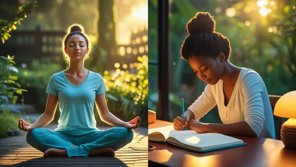 Person practicing different stress management techniques - meditation, exercise, journaling