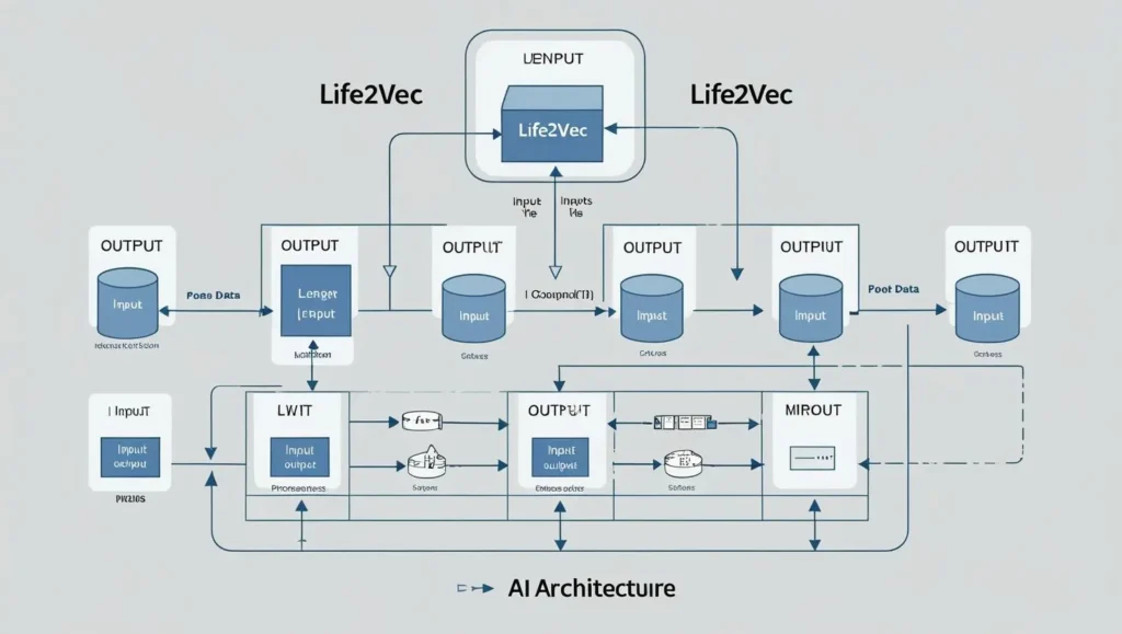 Technical diagram showing Life2Vec AI architecture with data flow]