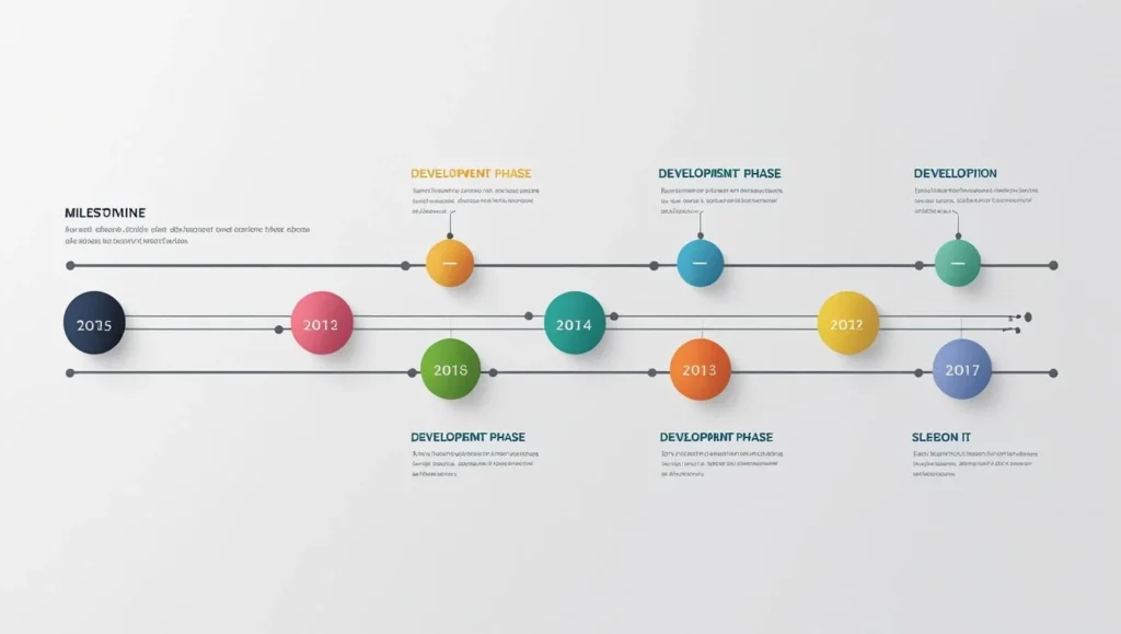 Timeline visualization showing development phases and milestones]