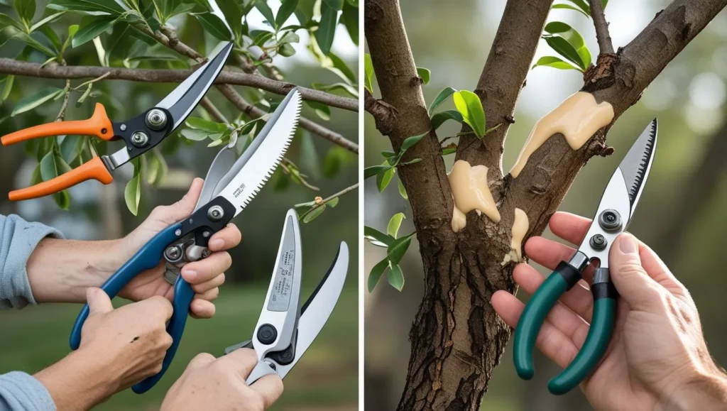 Comparison showing proper pruning tools and techniques vs. wound sealer application