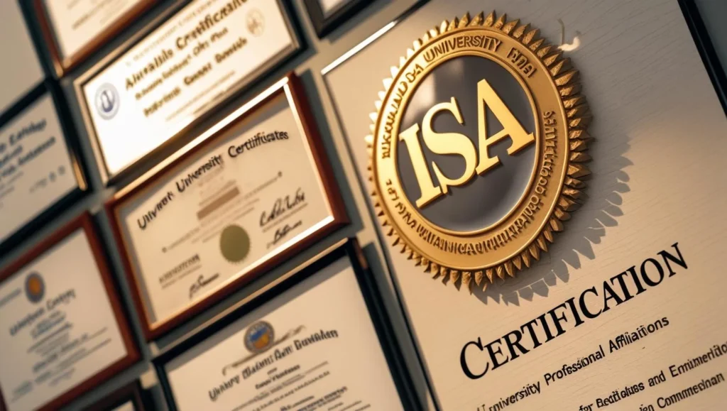 Credentials display showing ISA certification, university degrees, and professional affiliations