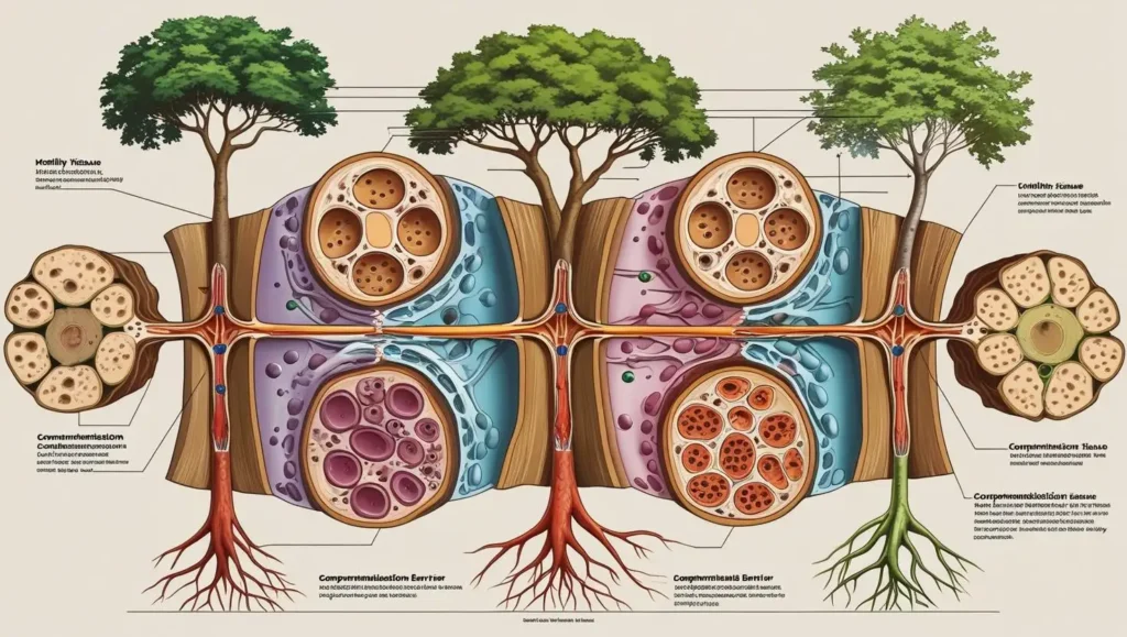 Scientific diagram showing tree compartmentalization process with cross-section views and cellular activity (1)