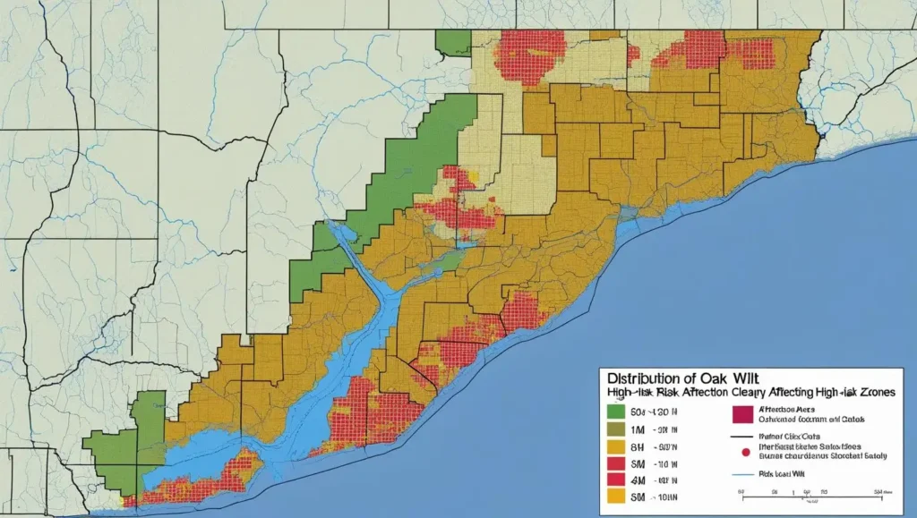 Should You Use Tree Wound Sealer Map showing oak wilt distribution with high-risk zones highlighted