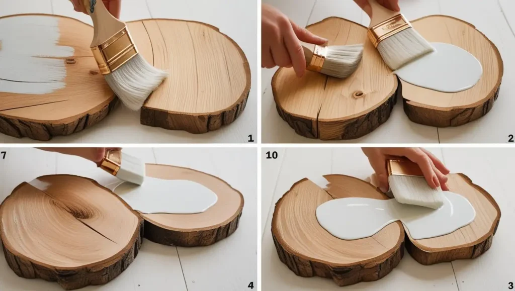 Step-by-step photo sequence showing correct latex paint application on oak cuts
