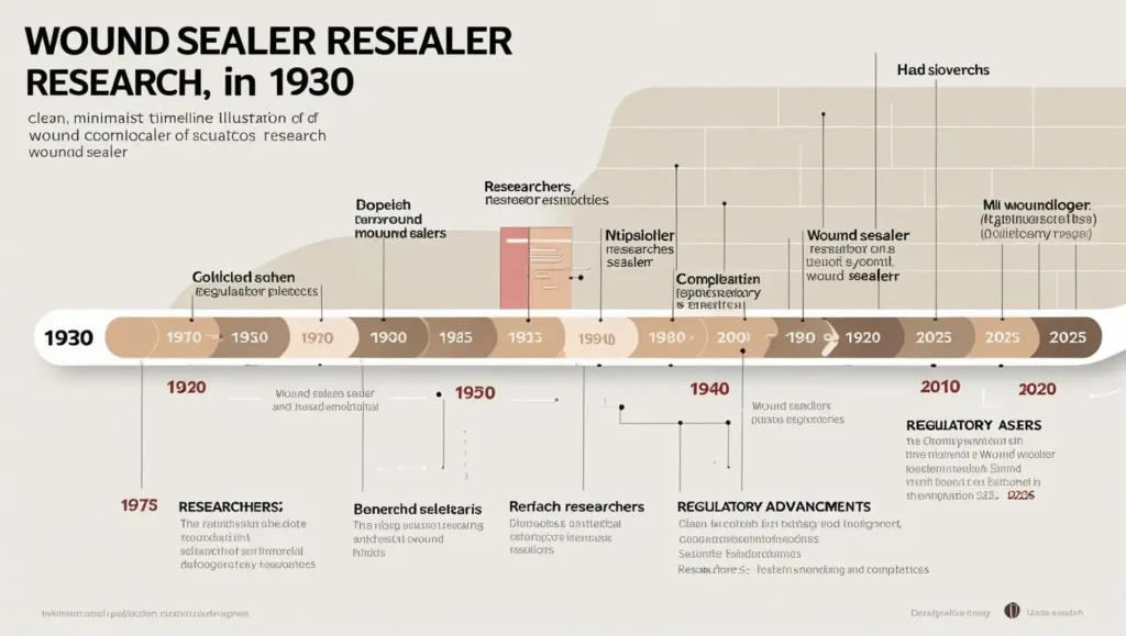 Timeline infographic showing evolution of wound sealer research from 1930s to 2025 (1)